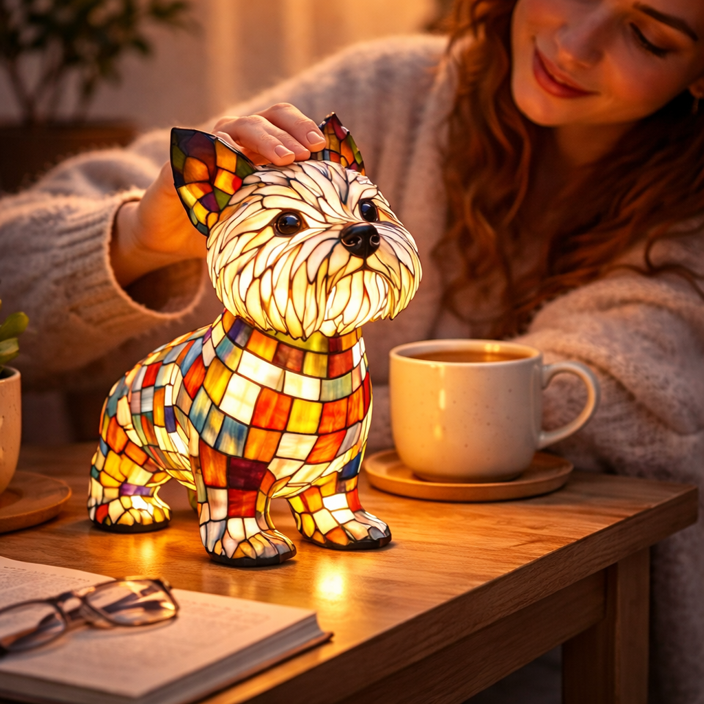Dog Shape Table Lamp LED Night Light Stained Glass Style