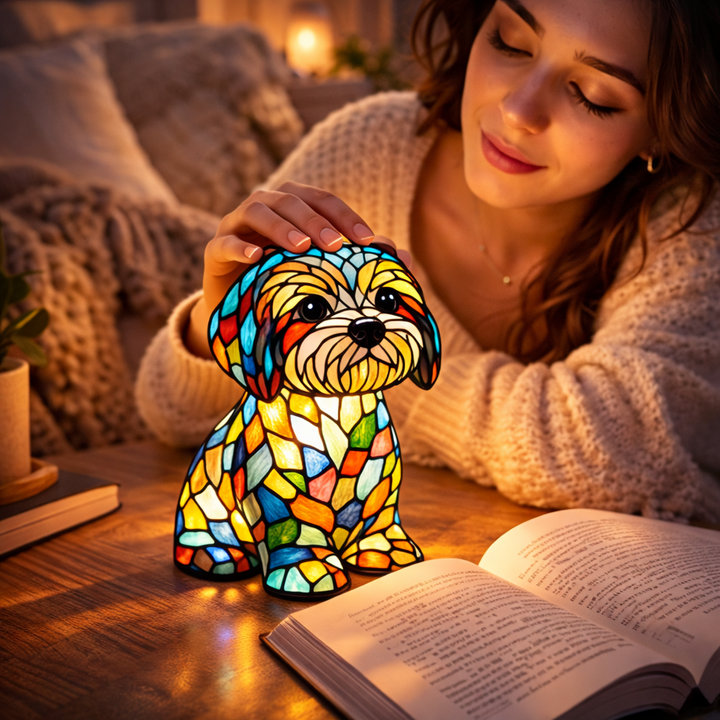 Dog Shape Table Lamp LED Night Light Stained Glass Style