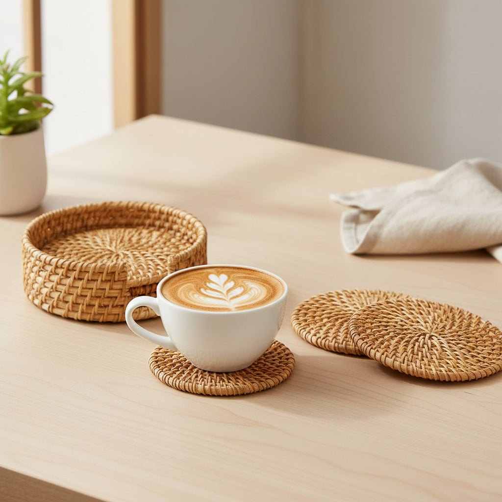 Rattan Circular Coaster Set with Holder Handwoven Drink Coasters