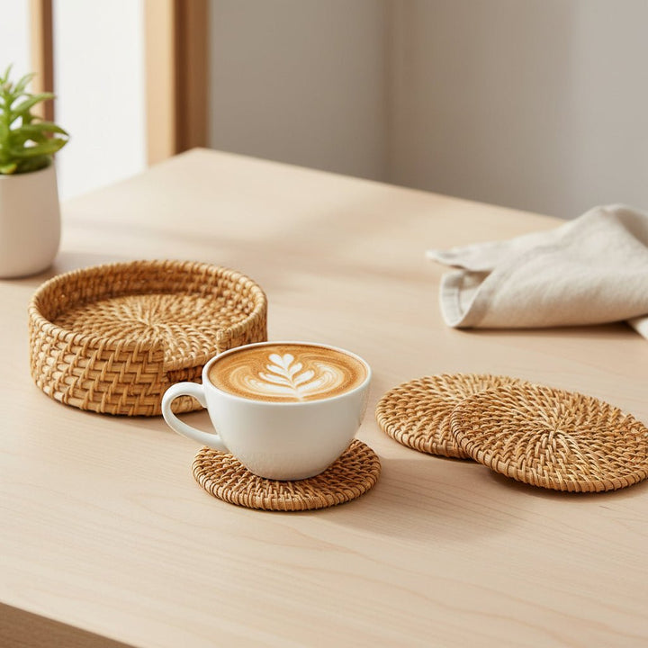 Rattan Circular Coaster Set with Holder Handwoven Drink Coasters