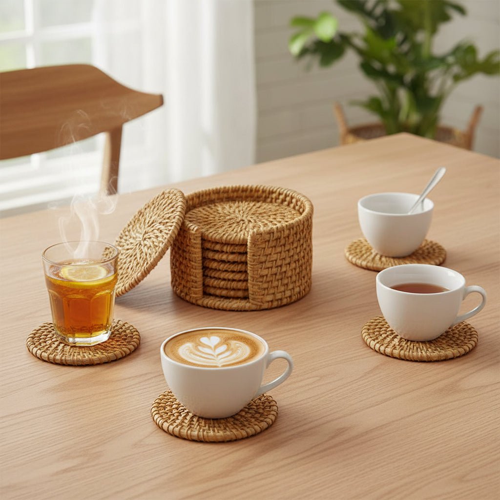 Rattan Circular Coaster Set with Holder Handwoven Drink Coasters