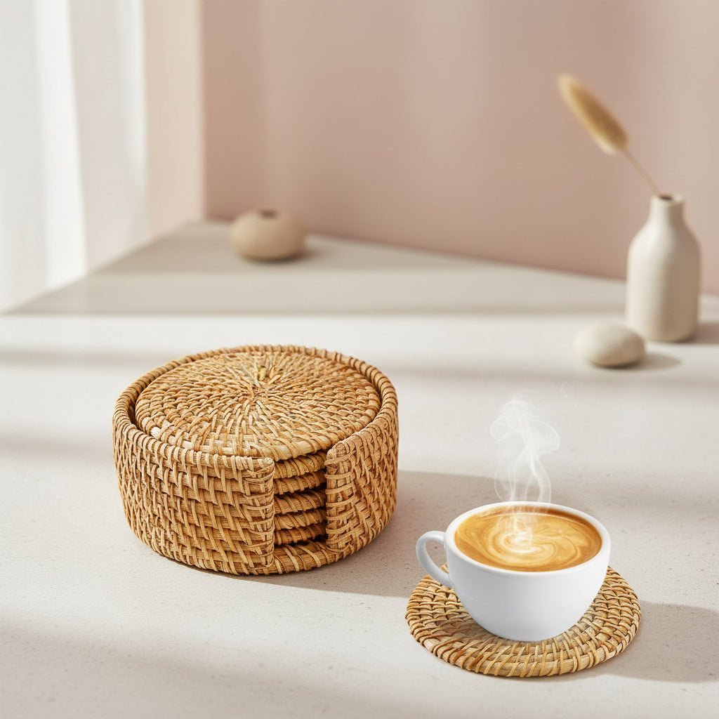 Rattan Circular Coaster Set with Holder Handwoven Drink Coasters
