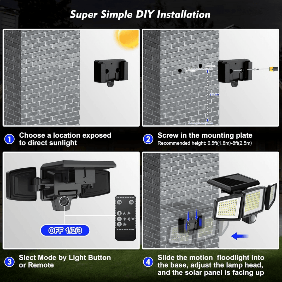 Solar Motion Sensor LED Security Light 3-Head 2500 Lumens IP65