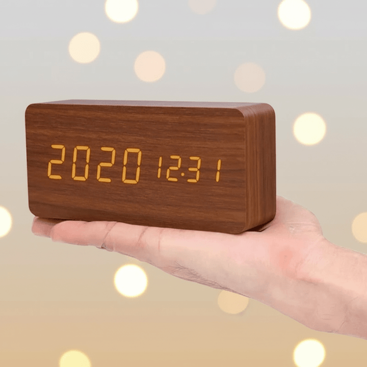 Wooden LED Digital Desk Clock Voice Control Adjustable Brightness