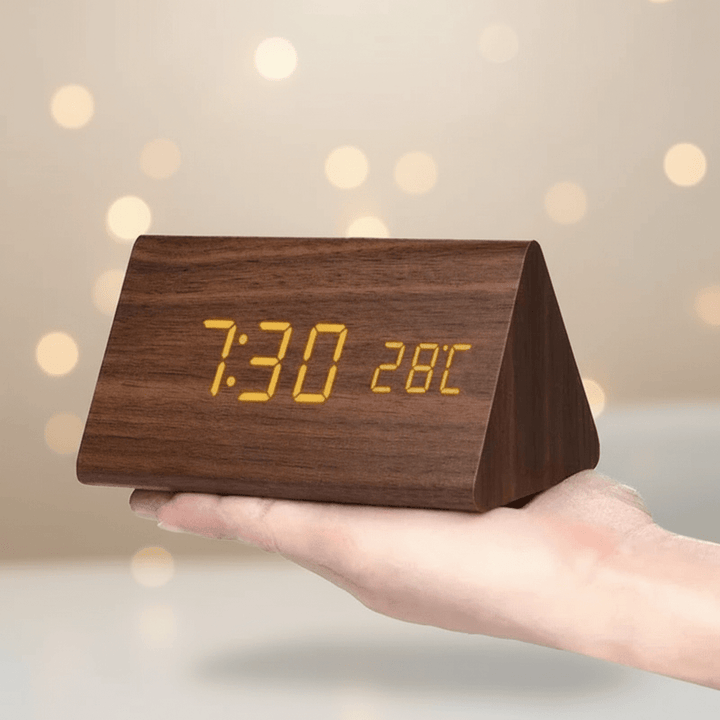 Wooden LED Digital Desk Clock Voice Control Adjustable Brightness