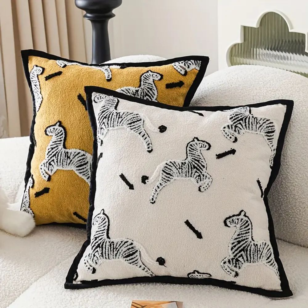 Square Embroidered Cushion Cover with Zebra Dash Design