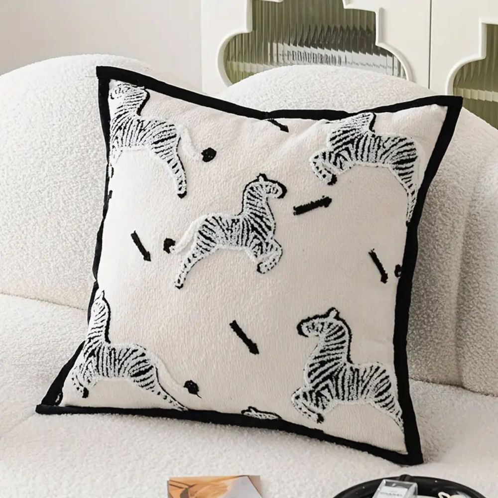 Square Embroidered Cushion Cover with Zebra Dash Design