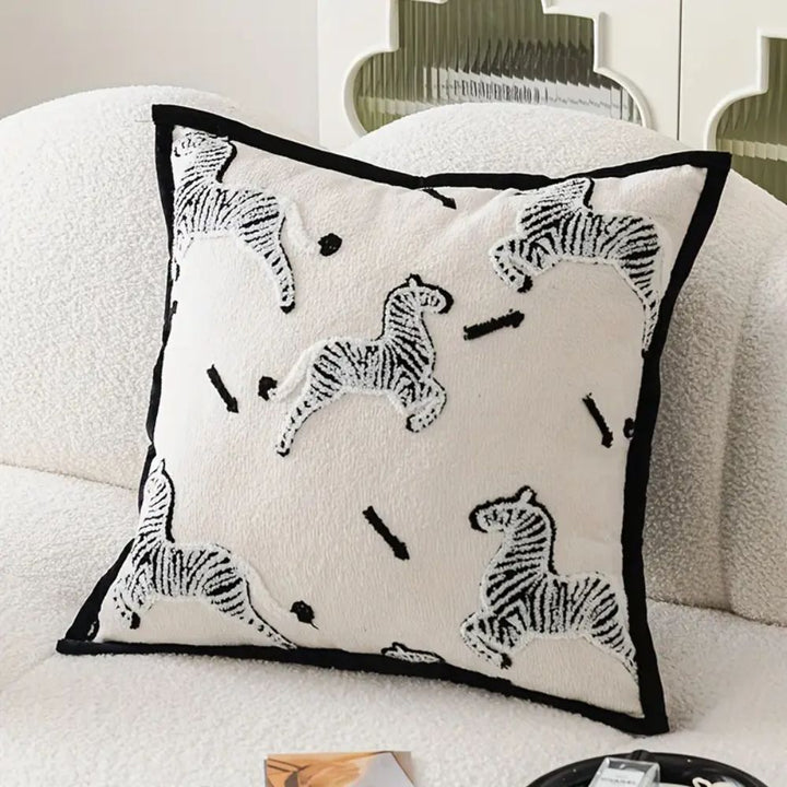 Square Embroidered Cushion Cover with Zebra Dash Design