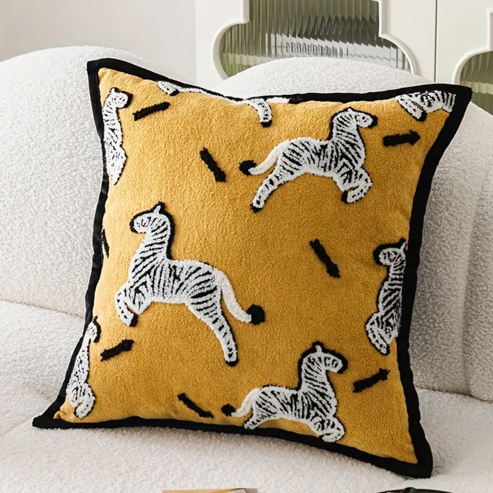 Square Embroidered Cushion Cover with Zebra Dash Design