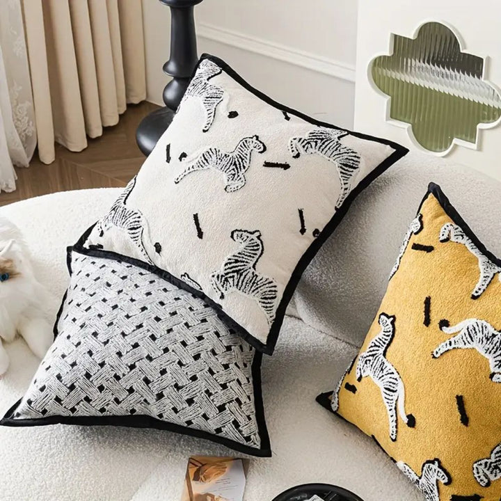 Square Embroidered Cushion Cover with Zebra Dash Design