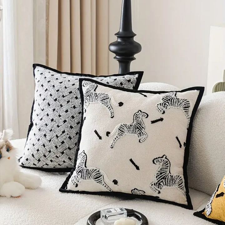 Square Embroidered Cushion Cover with Zebra Dash Design