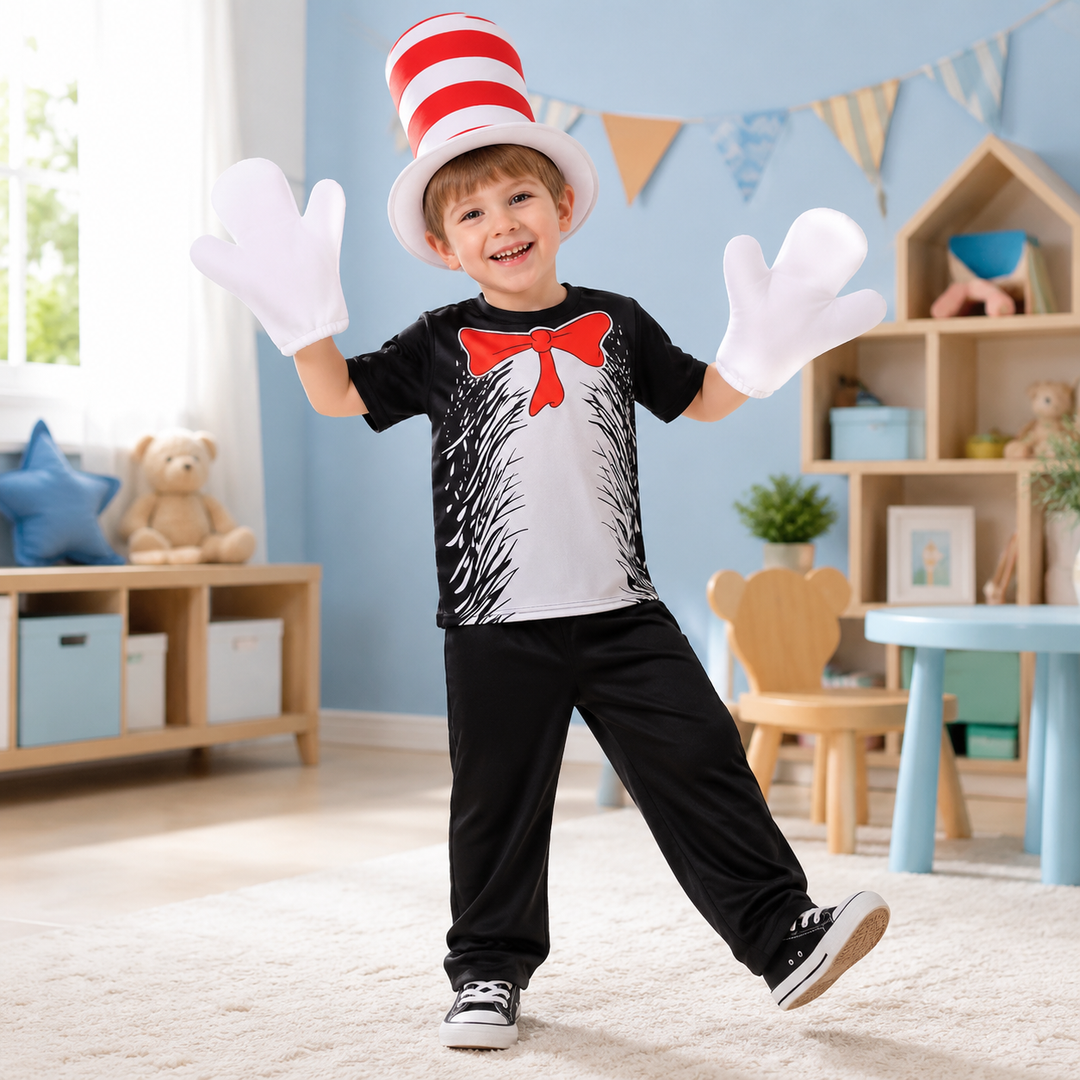 Kids Cat in the Hat Costume Jumpsuit Dress and Hat Set