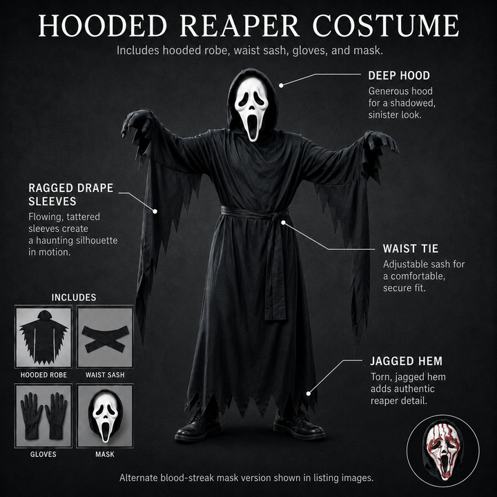 Hooded Robe Halloween Costume with Ghostface Mask and Hood