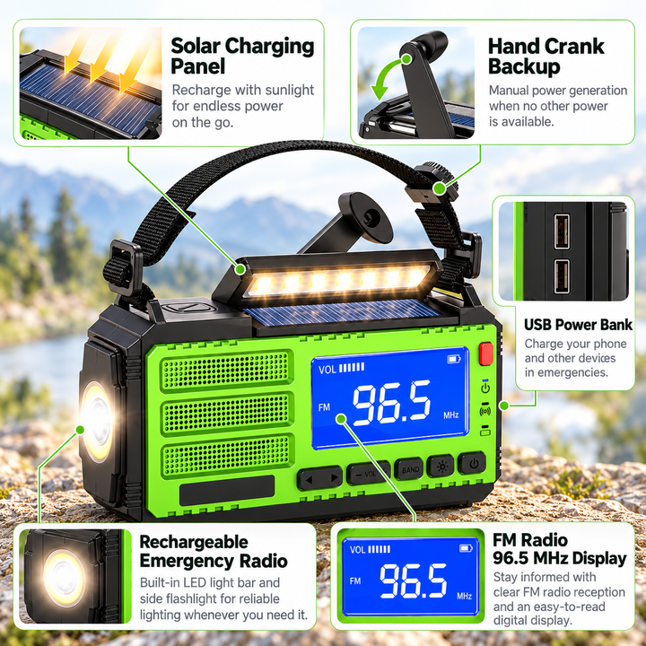 Solar Emergency Radio Digital FM Display LED Light Bar Crank Powerbank