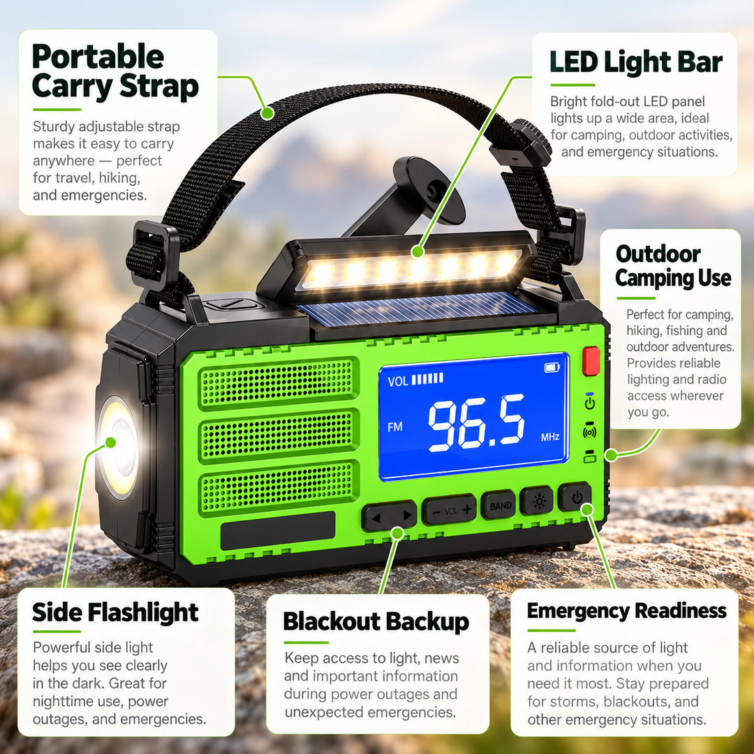 Solar Emergency Radio Digital FM Display LED Light Bar Crank Powerbank