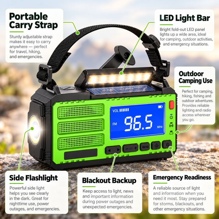 Solar Emergency Radio Digital FM Display LED Light Bar Crank Powerbank