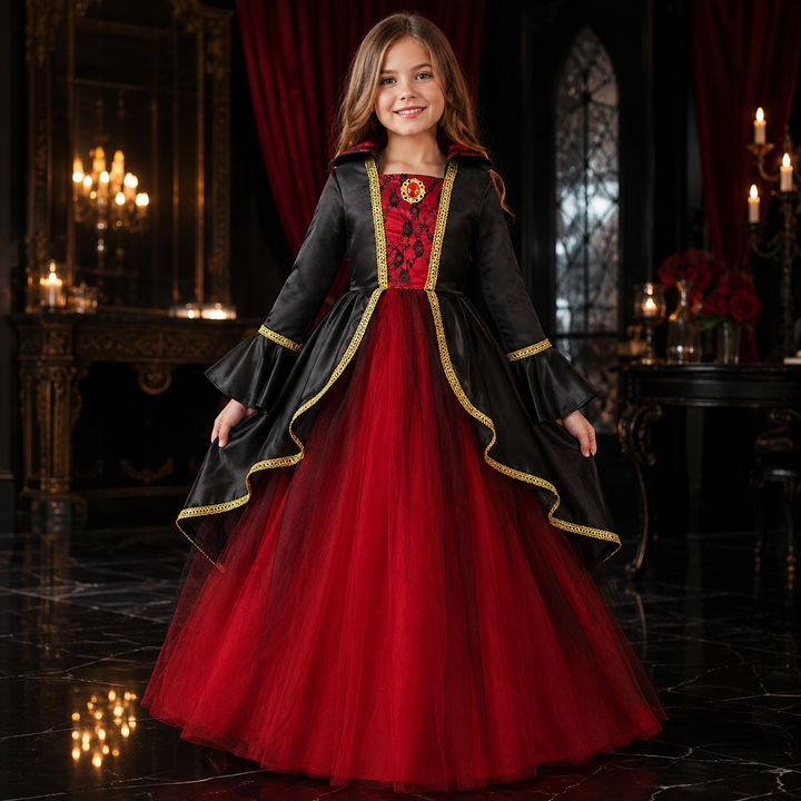 Girls Victorian Vampire Costume Dress with Hat Halloween Outfit