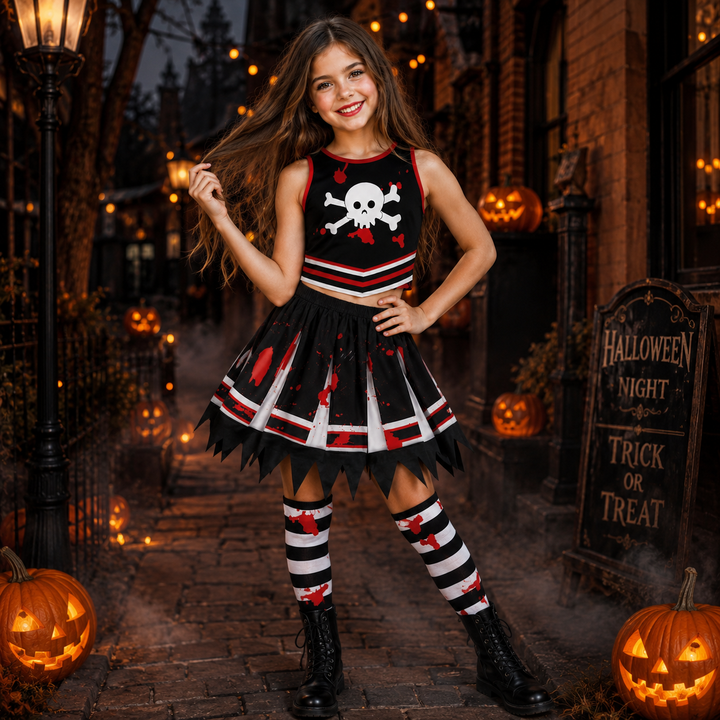 Kids Zombie Cheerleader Costume Halloween Cosplay Party Set