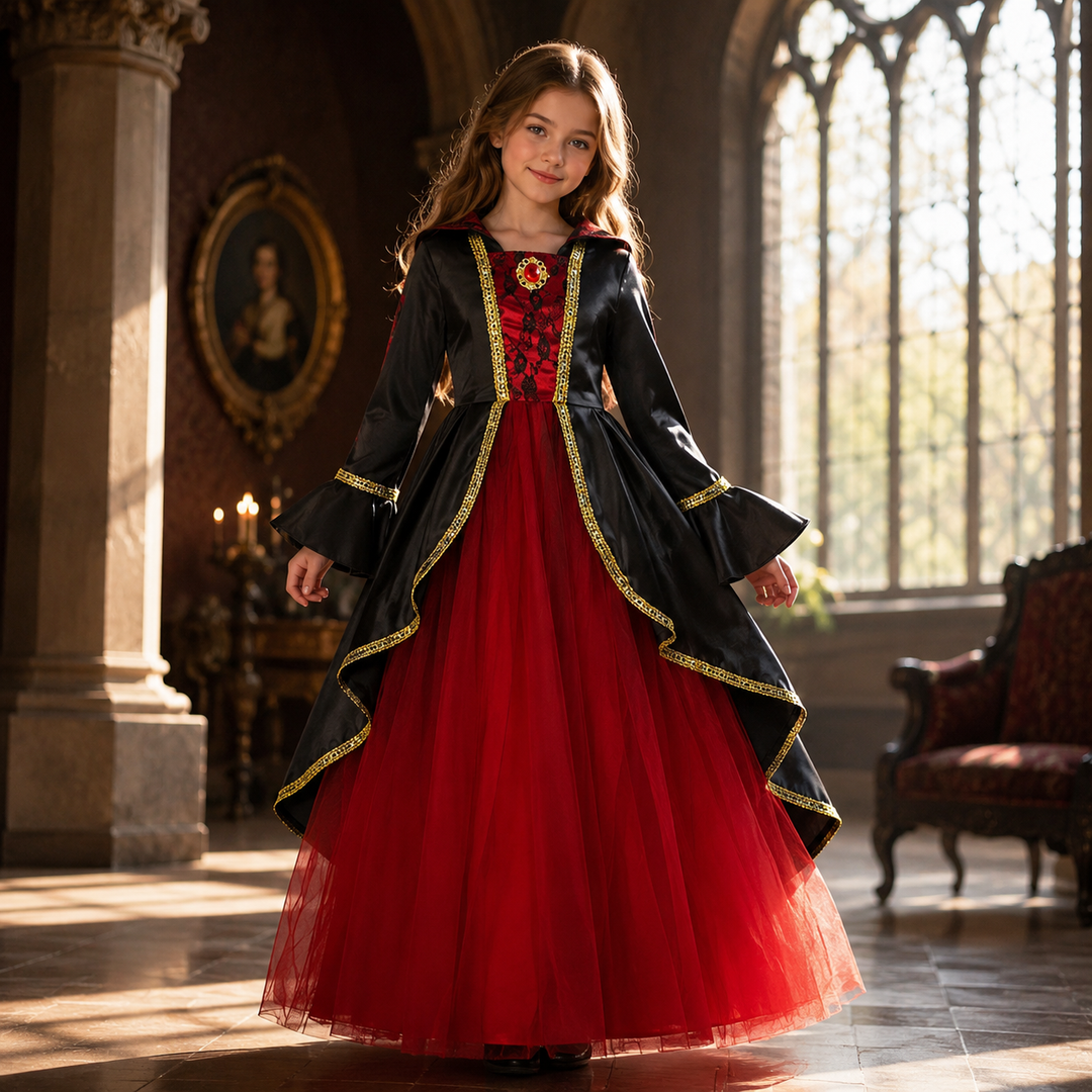 Girls Victorian Vampire Costume Dress with Hat Halloween Outfit