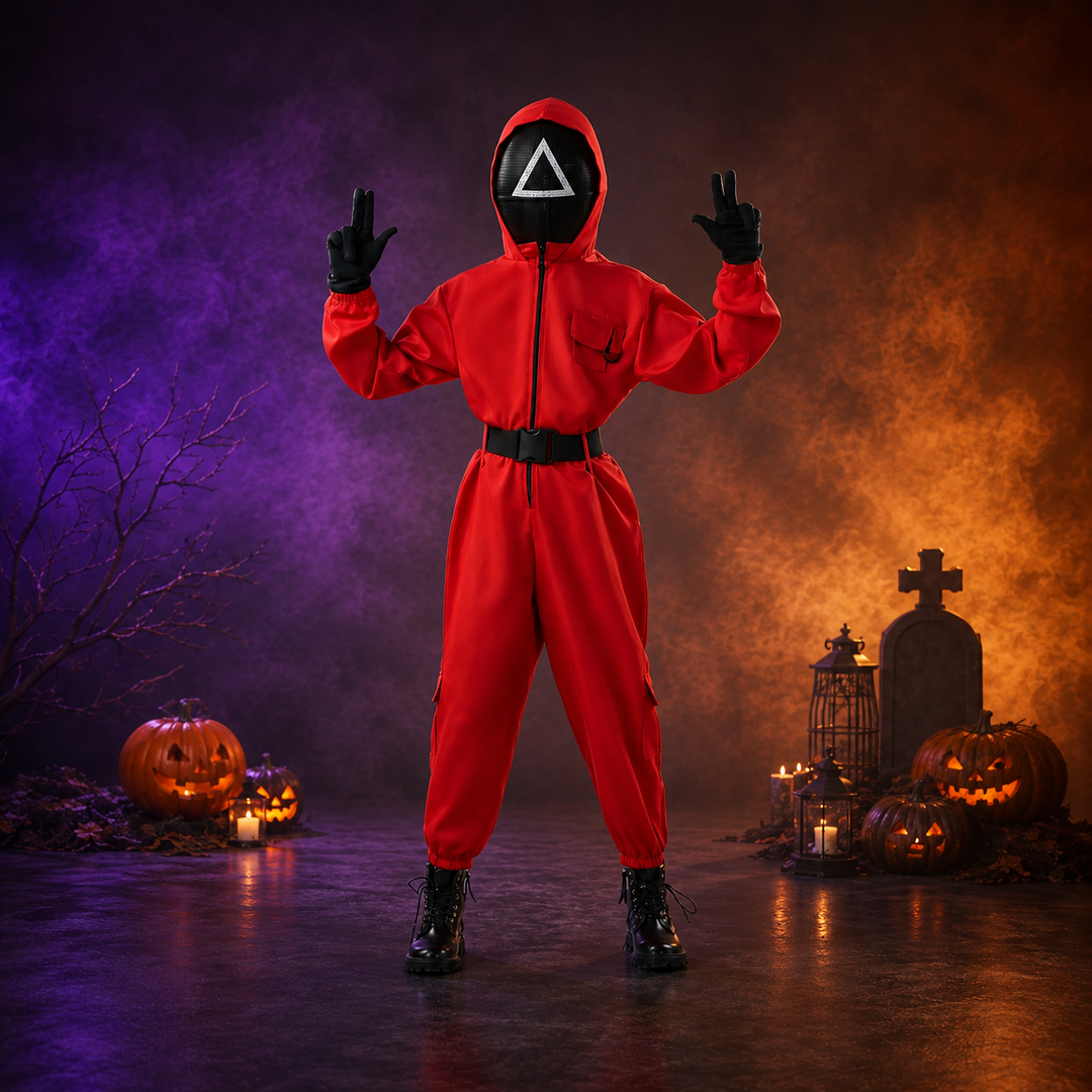 Kids Squid Game Guard Jumpsuit Costume with Mask Halloween Cosplay Set