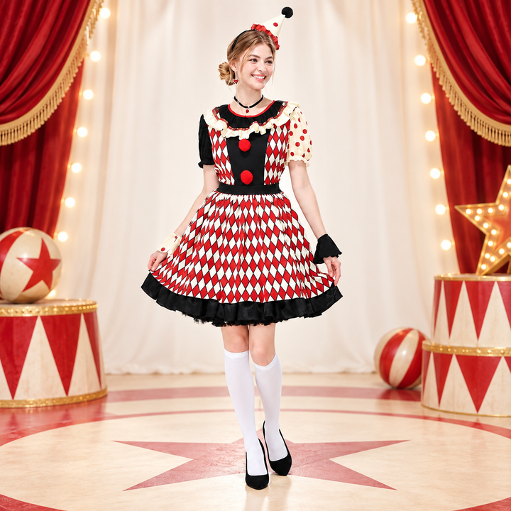 Couples Clown Costume Set Men Women Retro Circus Outfit with Hat