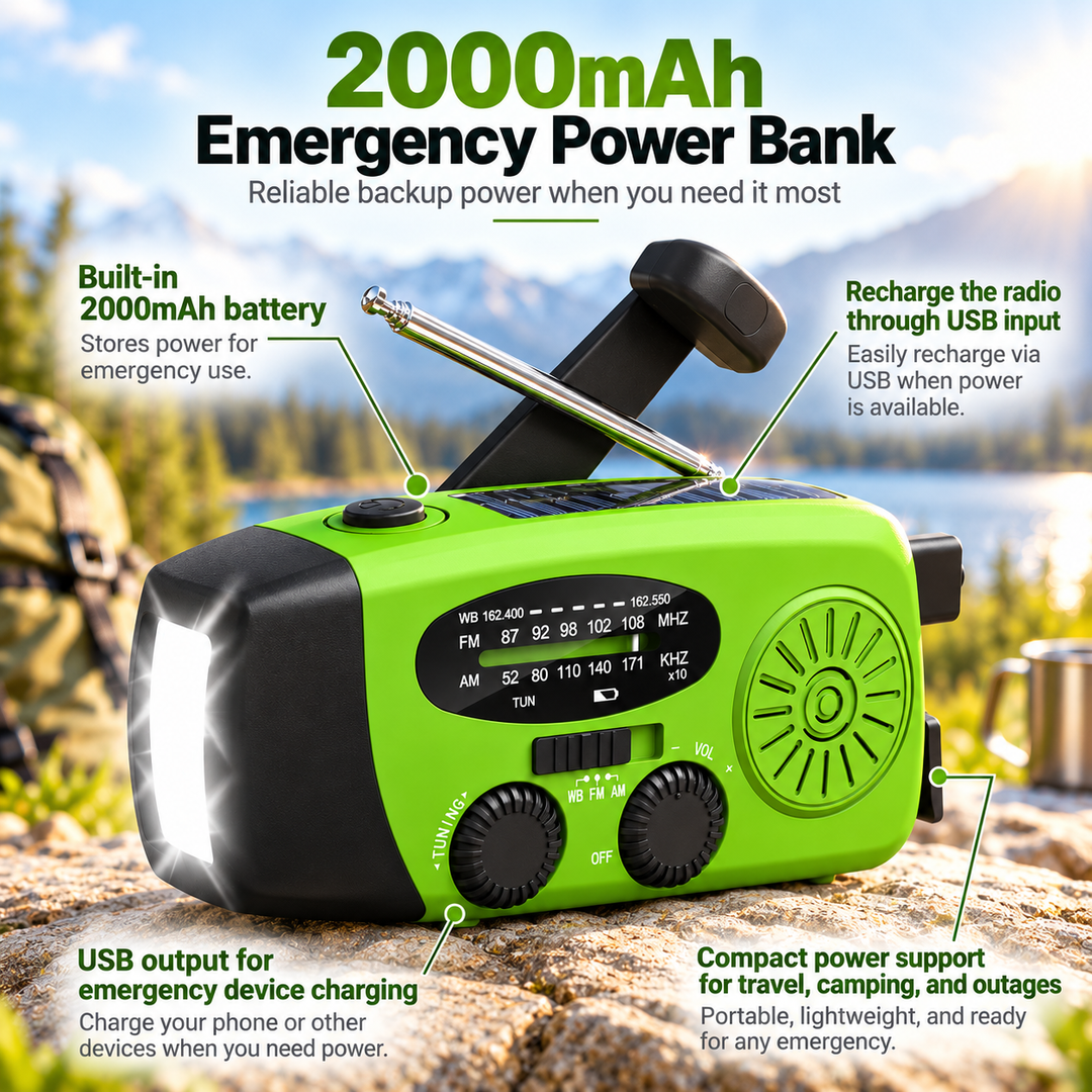 Mini Emergency Radio Solar Hand Crank 2000mAh Power Bank Flashlight