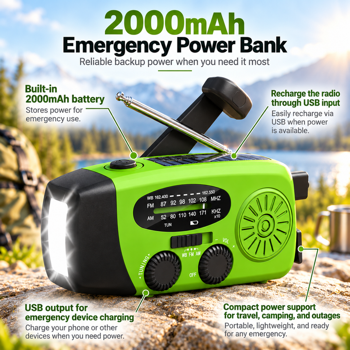 Mini Emergency Radio Solar Hand Crank 2000mAh Power Bank Flashlight