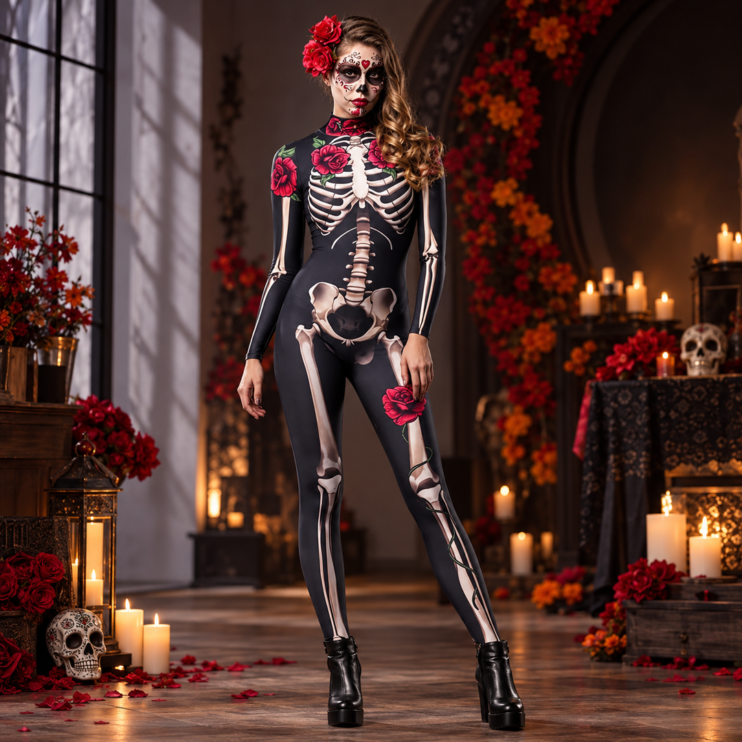 Womens Skeleton Rose Print Long Sleeve Catsuit Halloween Costume