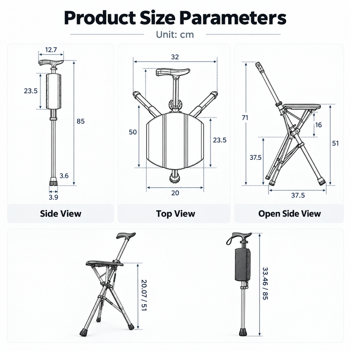 Walking Stick with Seat Folding Cane Chair Portable Mobility