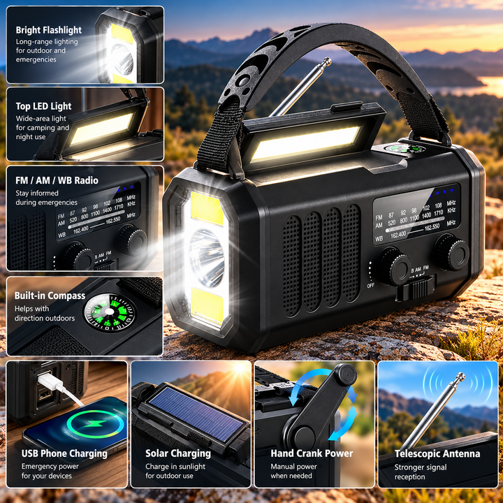 Emergency Radio 10000mAh Power Bank Crank Solar Compass Reading Light