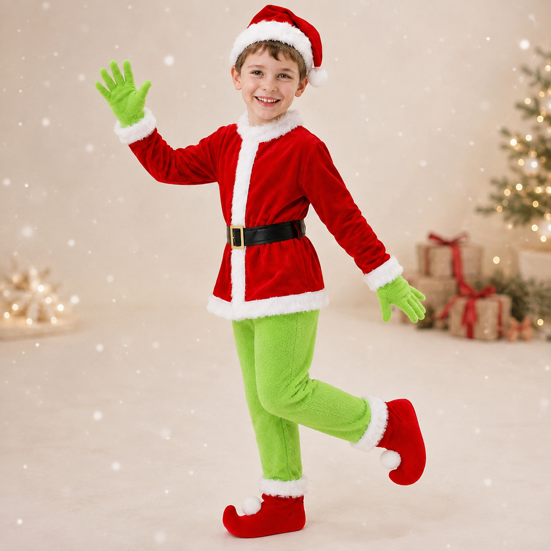 Boys Grinch Costume with Curled Toe Boot Covers Christmas Outfit
