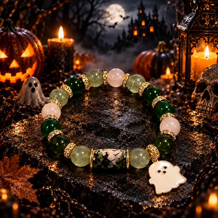 Halloween Crystal Bead Pendant Bracelet with Bat Pumpkin Ghost Castle Charms