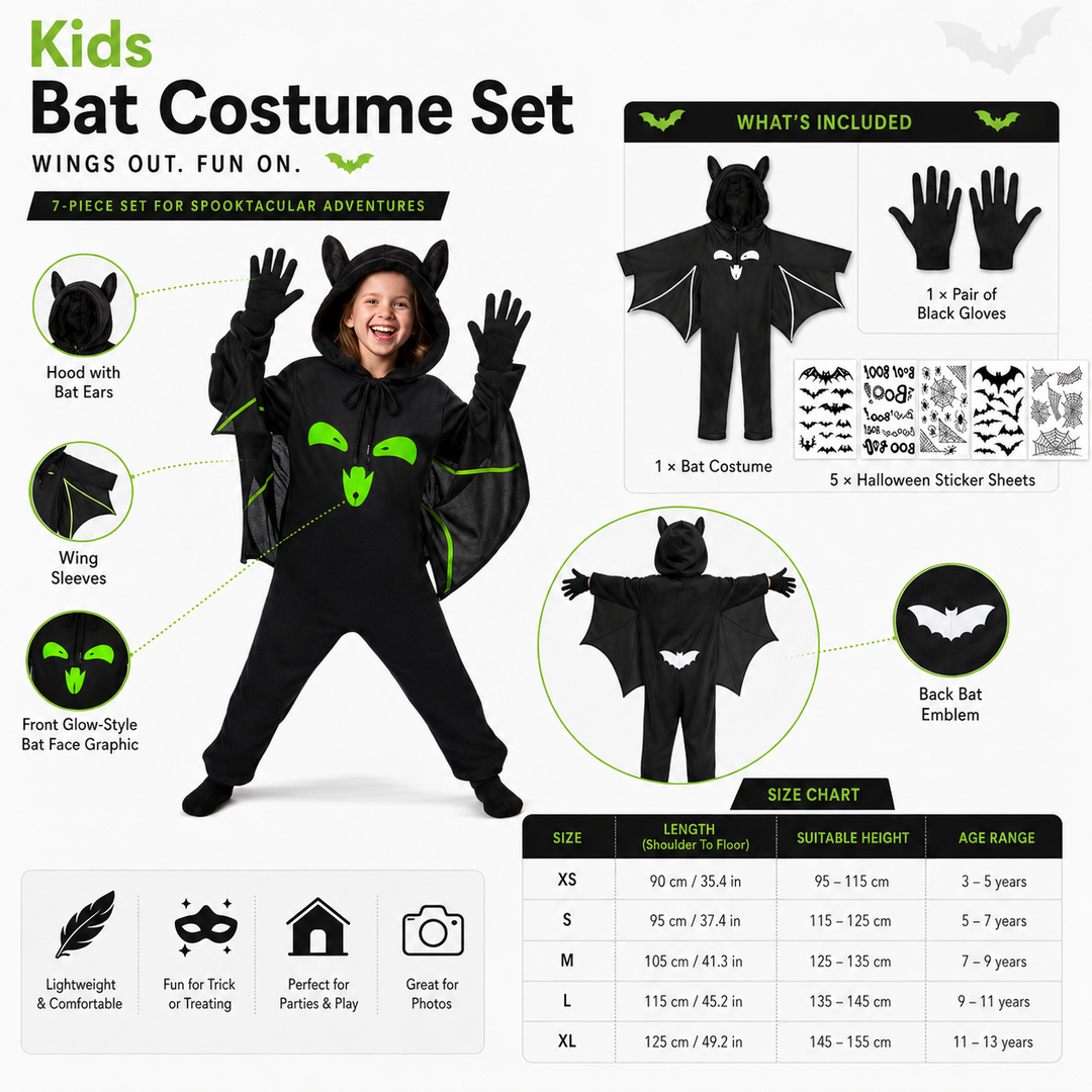 Kids Bat Wing Halloween Costume with Glow Face Mask