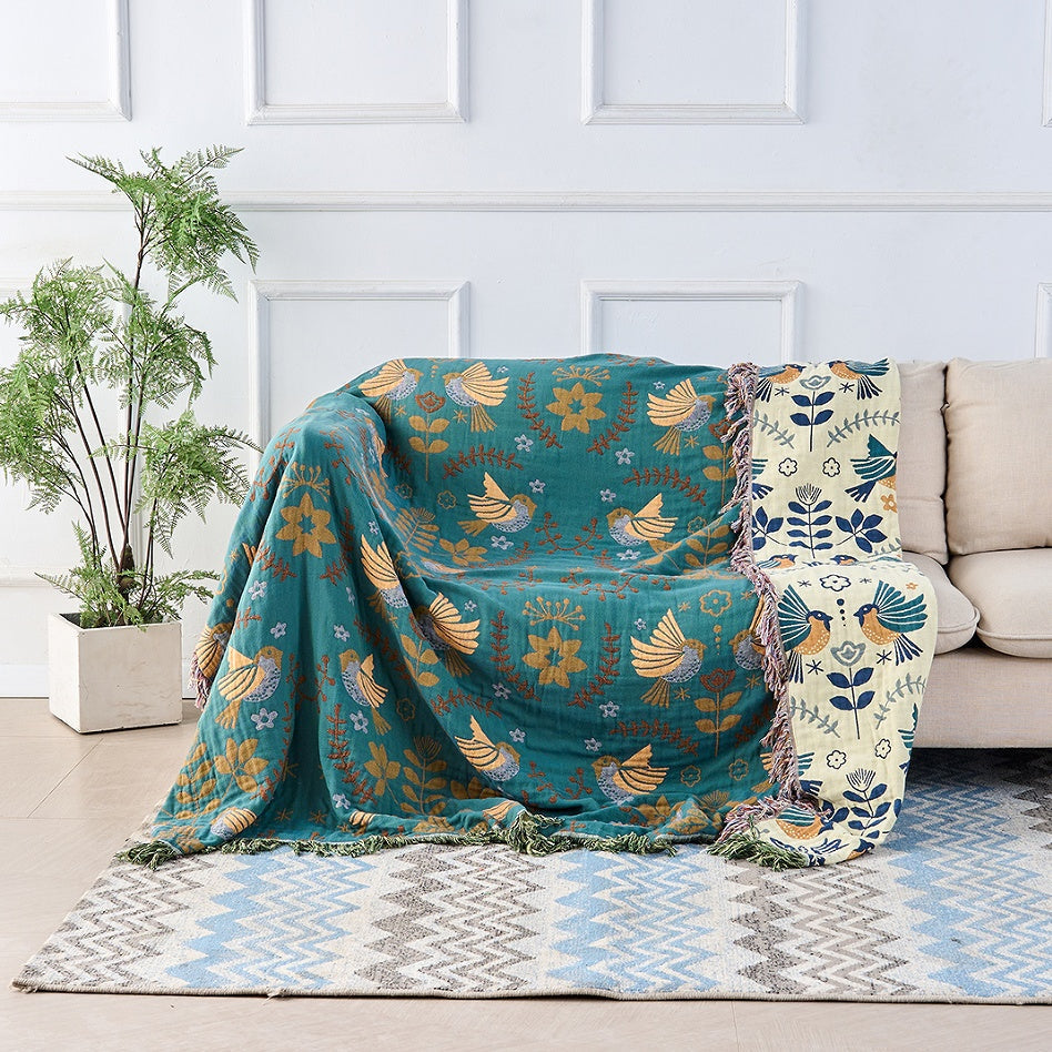 Cotton Throw Blanket Square Nordic Bird Pattern
