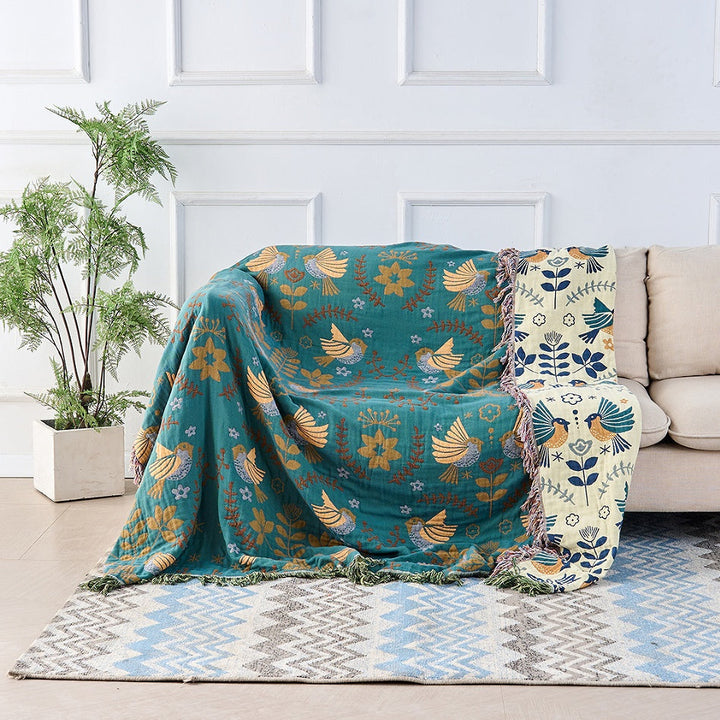 Cotton Throw Blanket Square Nordic Bird Pattern