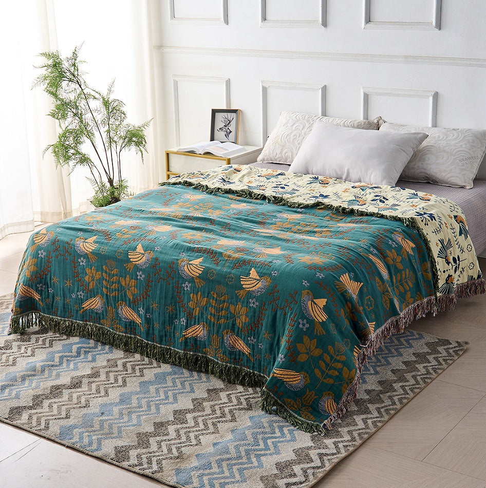 Cotton Throw Blanket Square Nordic Bird Pattern