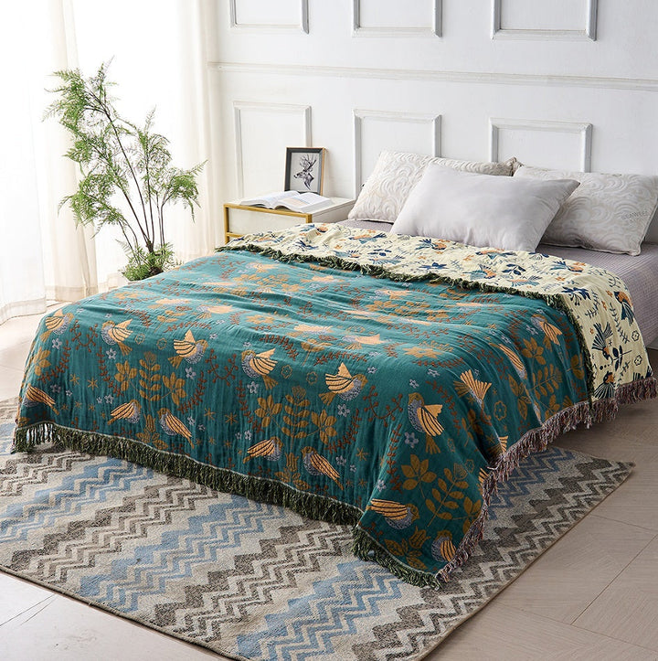 Cotton Throw Blanket Square Nordic Bird Pattern