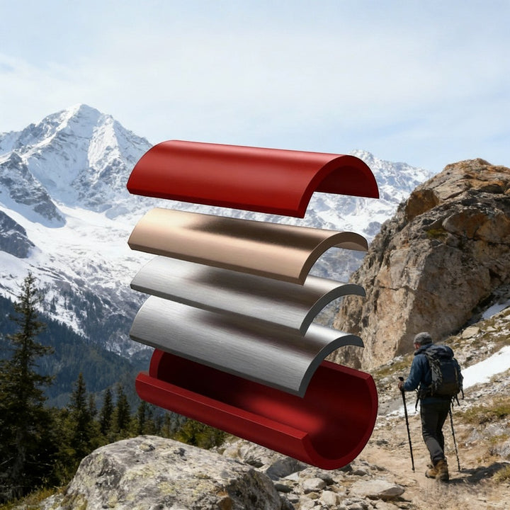 matte black aluminum alloy telescopic foldable hiking poles with ergonomic grips and anti-shock system on a mountain trail.