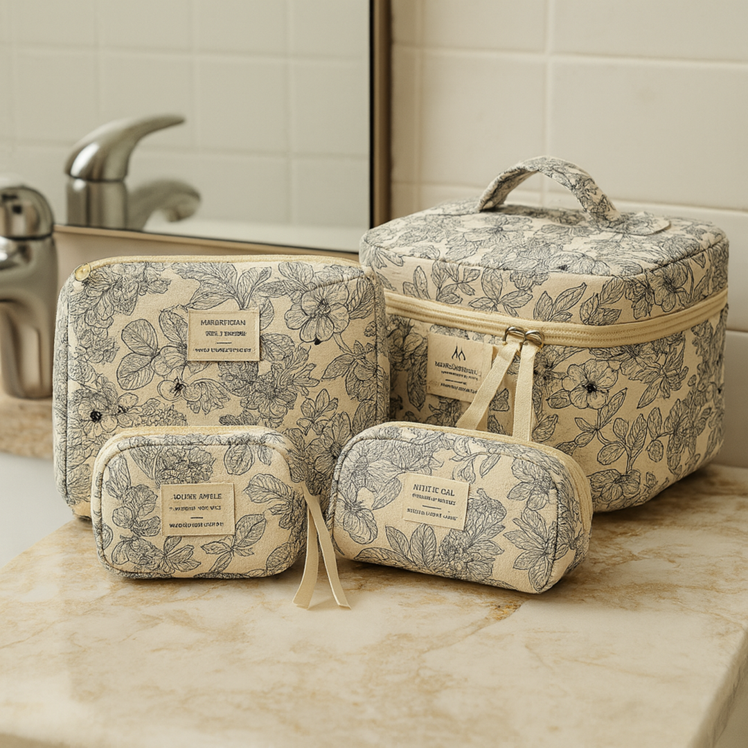 4-Piece Quilted Makeup Bag Set Vintage Style Organizer Pouches