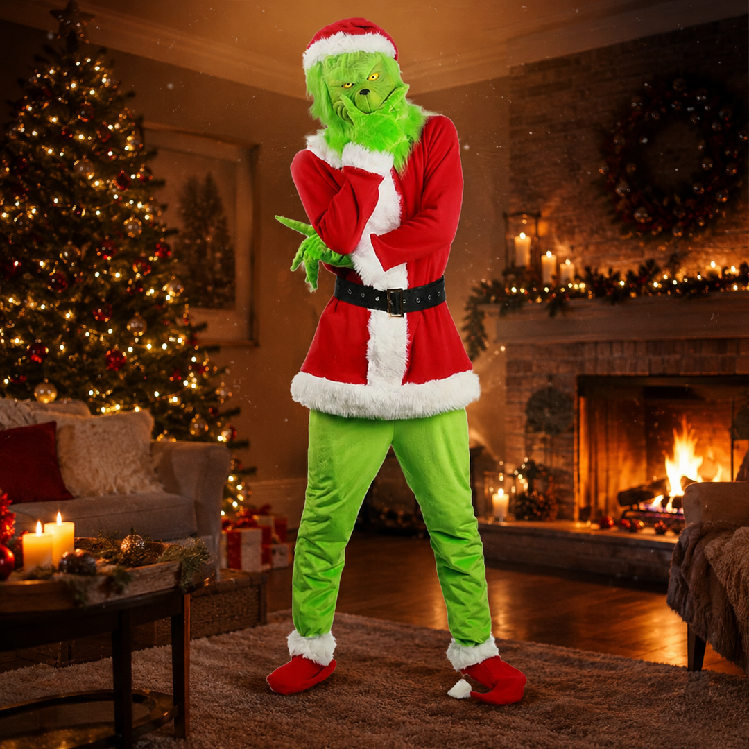Grinch Mask and Santa Suit Costume Set for Kids and Adults