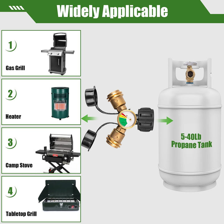 Propane Tank Y Splitter with Gauge and Shut Off Valve 2 Way LP Gas Adapter