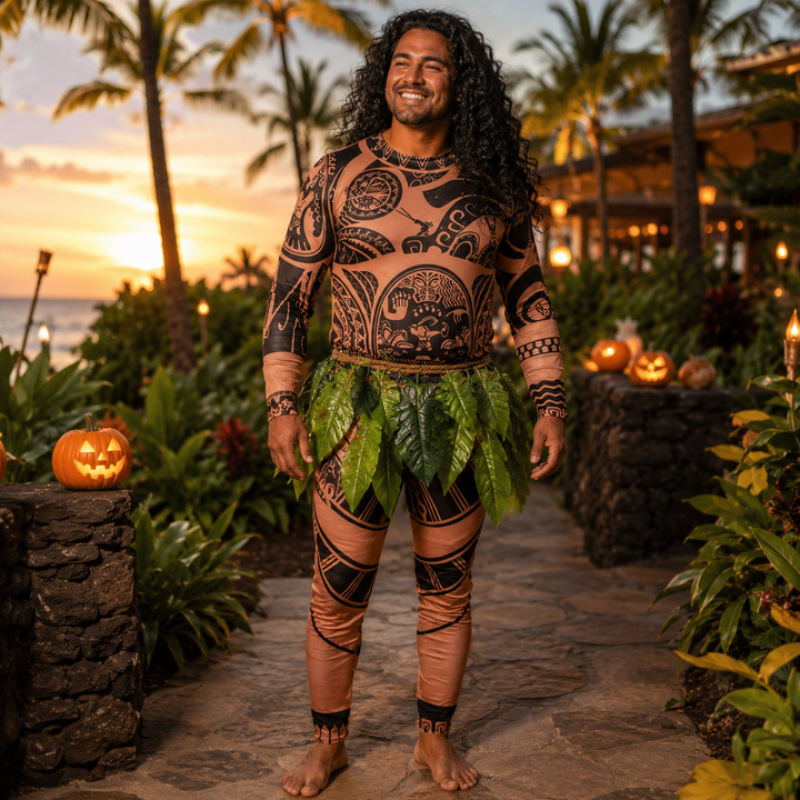 Maui Costume with Tattoo Print and Leaf Skirt Halloween Costume