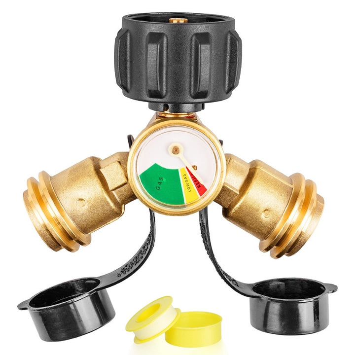 Propane Tank Y Splitter with Gauge and Shut Off Valve 2 Way LP Gas Adapter