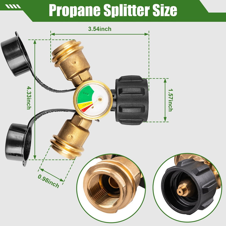Propane Tank Y Splitter with Gauge and Shut Off Valve 2 Way LP Gas Adapter