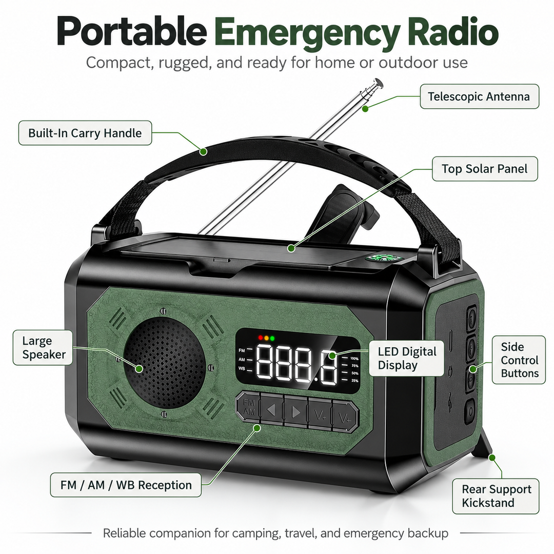 Emergency Weather Radio 12000mAh Digital Display Solar Hand Crank NOAA