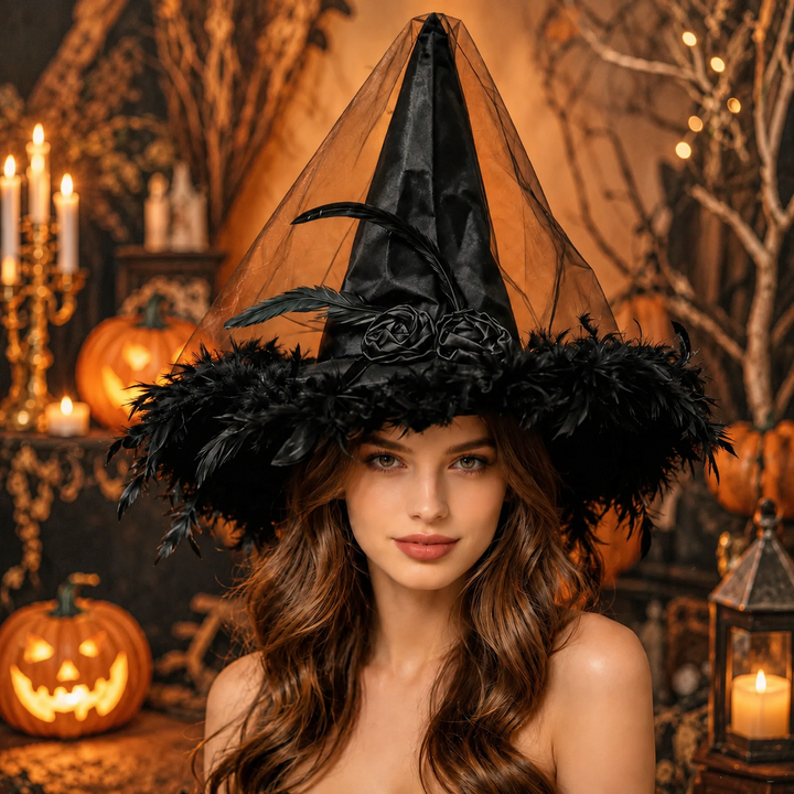 Witch Hat Halloween Costume Accessory Feather Pointed Hat