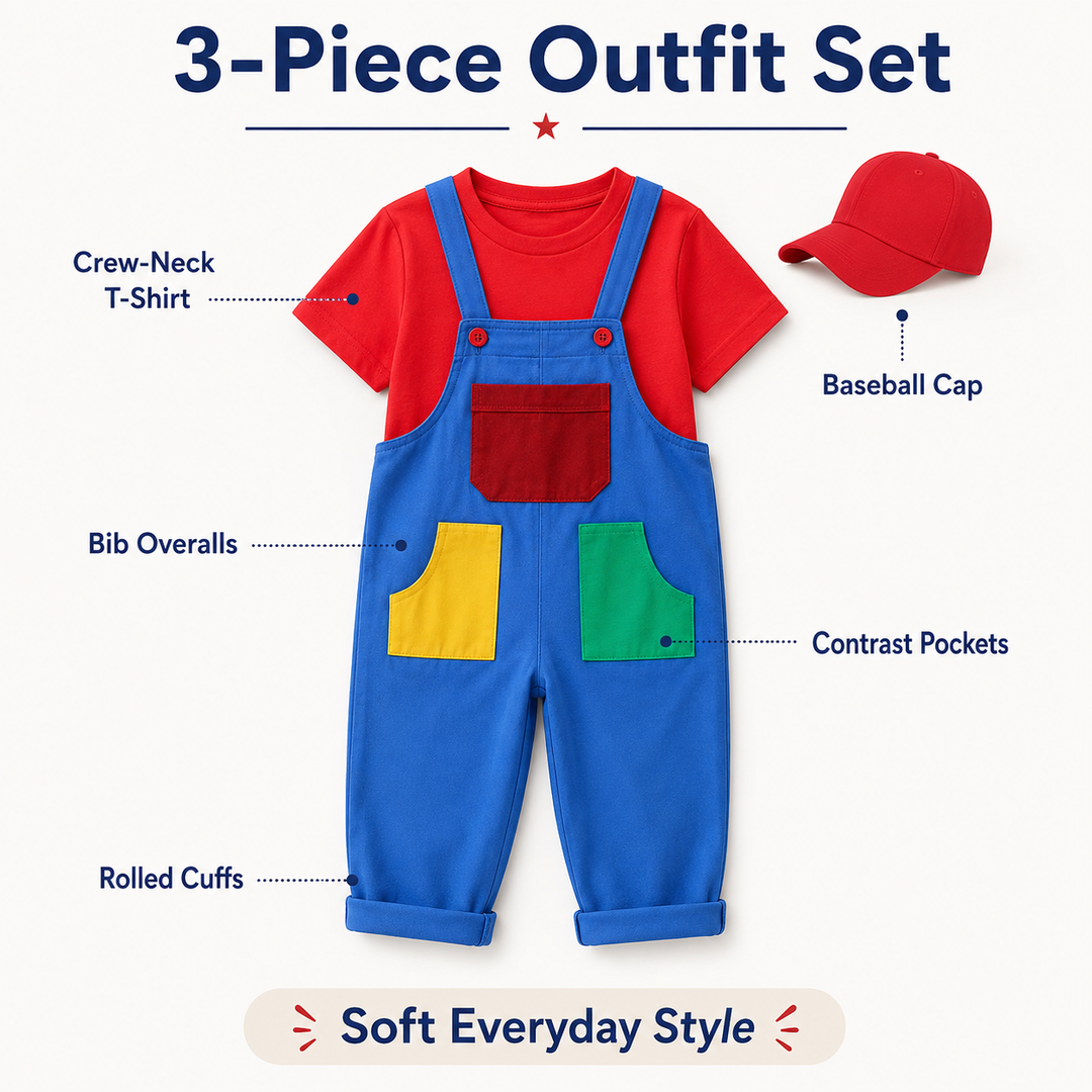 Kids Costume Overalls Set with Cap for Video Game Character