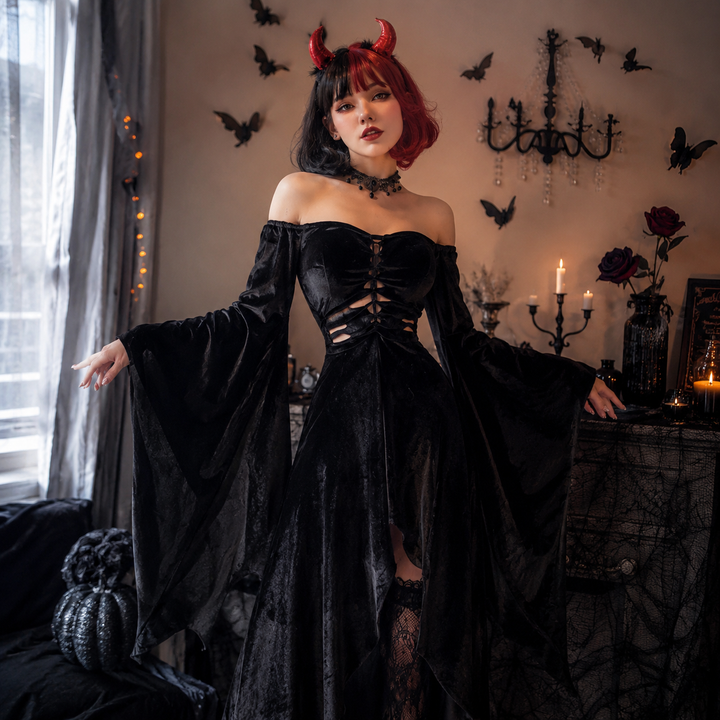 Womens Gothic Witch Halloween Vampire Grim Reaper Long Dress Costume Set