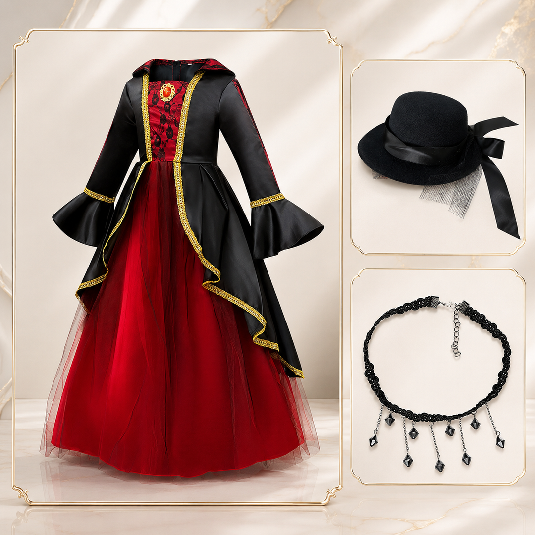 Girls Victorian Vampire Costume Dress with Hat Halloween Outfit