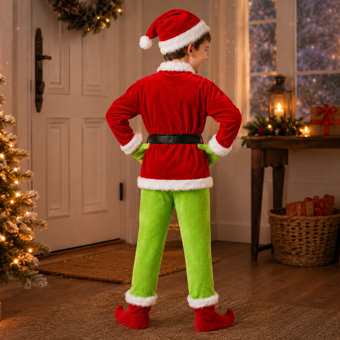 Boys Grinch Costume with Curled Toe Boot Covers Christmas Outfit